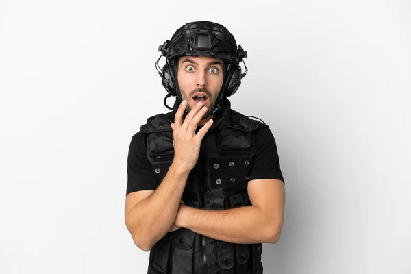 Young Caucasian Swat Isolated White Background Surprised Shocked While Looking — Foto Stock