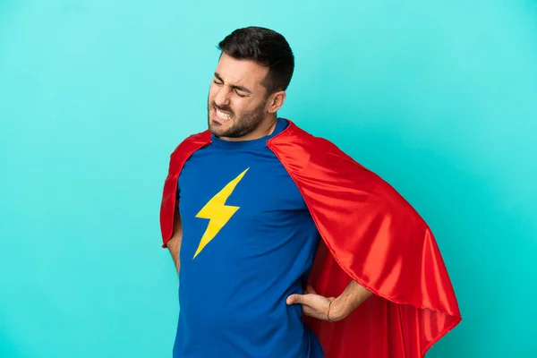 Людина Супер Героя Ізольована Синьому Фоні Страждає Від Болю Спині — стокове фото