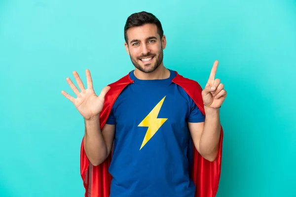 Super Hero Caucasian Man Isolated Blue Background Counting Six Fingers — Stock fotografie