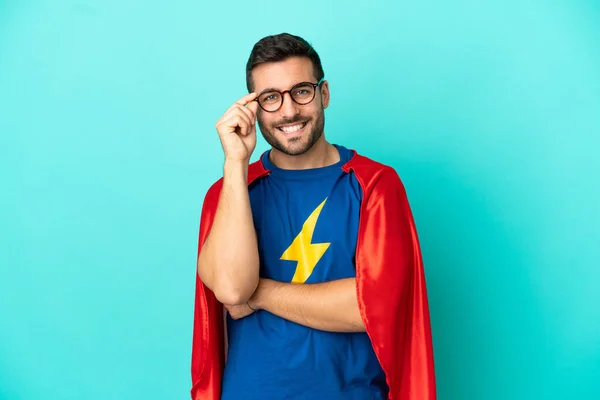 Super Hero Caucasian Man Isolated Blue Background Glasses Happy — Foto de Stock