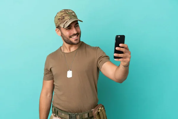 Military Dog Tag Isolated Blue Background Making Selfie — Photo