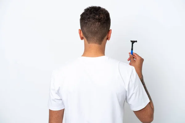 Young Brazilian Man Shaving His Beard Isolated White Background Back — 图库照片