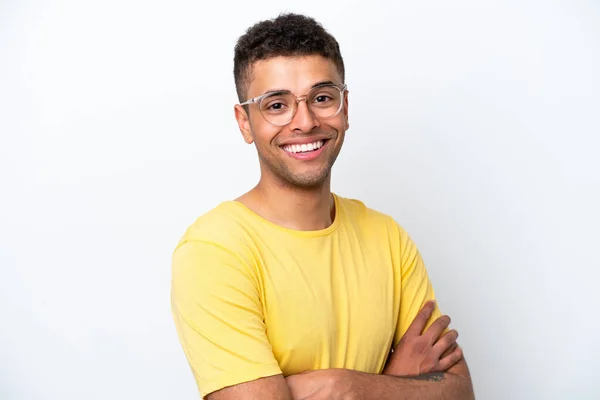 Young Brazilian Man Isolated White Background Glasses Happy Expression — Fotografia de Stock