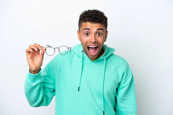 Young Brazilian Man Glasses Isolated White Background Surprise Shocked Facial — ストック写真