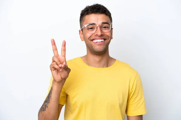 Young Brazilian Man Isolated White Background Glasses Doing Sign — Fotografia de Stock