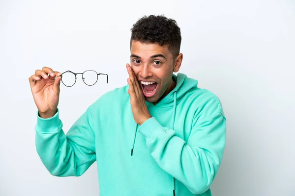 Young Brazilian Man Glasses Isolated White Background Whispering Something — ストック写真