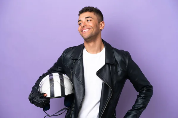 Young Brazilian Man Motorcycle Helmet Isolated Purple Background Posing Arms — Stok fotoğraf
