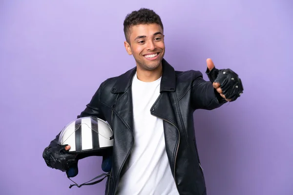 Young Brazilian Man Motorcycle Helmet Isolated Purple Background Giving Thumbs — Stockfoto