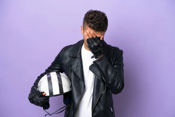 Young Brazilian Man Motorcycle Helmet Isolated Purple Background Tired Sick — Foto Stock