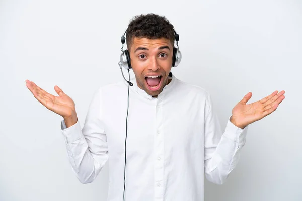 Telemarketer Brazilian Man Working Headset Isolated White Background Shocked Facial — Foto de Stock