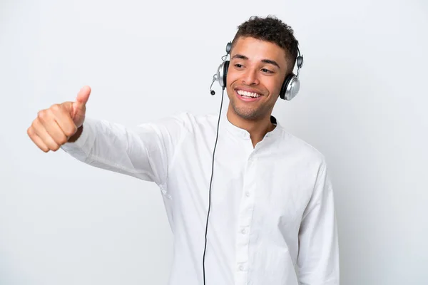 Telemarketer Braziliaanse Man Werken Met Een Headset Geïsoleerd Witte Achtergrond — Stockfoto