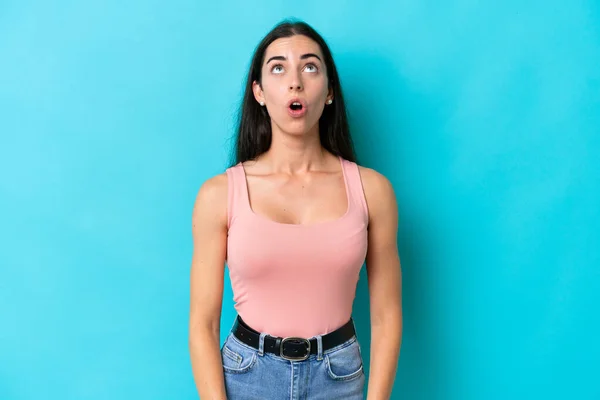 Young Caucasian Woman Isolated Blue Background Looking Surprised Expression — Stock Photo, Image