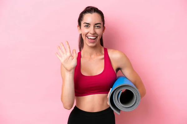 Young Sport Caucasian Woman Going Yoga Classes While Holding Mat — Stock Photo, Image