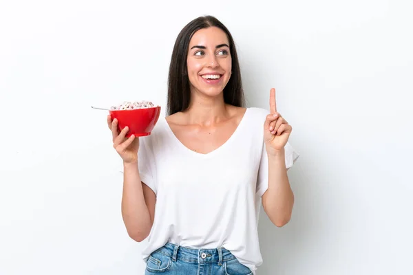 Jovem Mulher Caucasiana Tomando Café Manhã Leite Isolado Fundo Branco — Fotografia de Stock