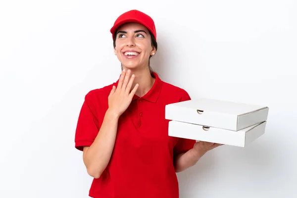 Pizza Teslimatı Beyaz Arka Planda Izole Edilmiş Pizza Kutularını Alan — Stok fotoğraf