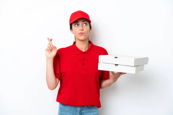 Pizza Consegna Donna Caucasica Con Uniforme Lavoro Raccogliendo Scatole Pizza — Foto Stock