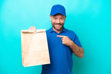 Orta yaşlı bir adam mavi arka planda izole edilmiş bir çanta dolusu yiyecek alıyor. Yan tarafı göstererek ürünü sunuyor.