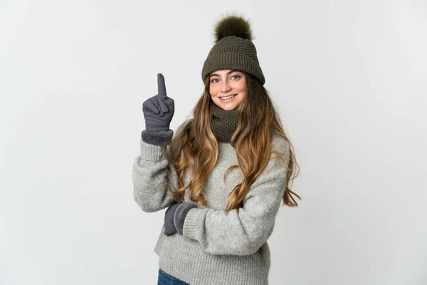 Young Caucasian Woman Winter Hat Isolated White Background Pointing Great — 스톡 사진