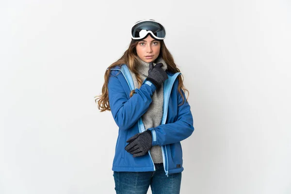Skier Κορίτσι Γυαλιά Snowboarding Απομονώνονται Λευκό Φόντο Σκέψης — Φωτογραφία Αρχείου