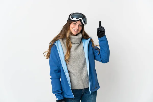 Skier Girl Snowboarding Glasses Isolated White Background Pointing Great Idea — 스톡 사진