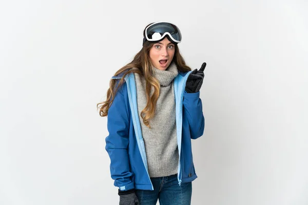 Skier Κορίτσι Γυαλιά Snowboarding Απομονώνονται Λευκό Φόντο Σκοπό Πραγματοποιήσει Λύση — Φωτογραφία Αρχείου