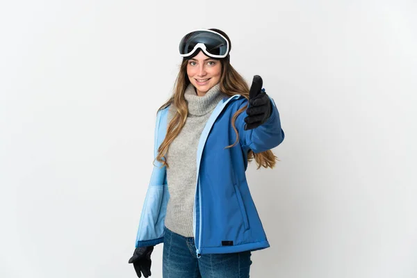 Fata Schi Ochelari Snowboarding Izolați Fundal Alb Scuturând Mâinile Pentru — Fotografie, imagine de stoc