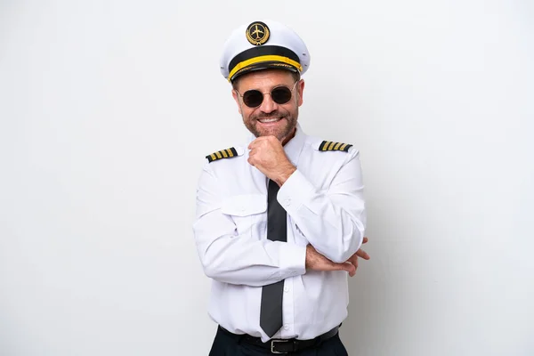 Avião Piloto Meia Idade Isolado Fundo Branco Com Óculos Sorrindo — Fotografia de Stock