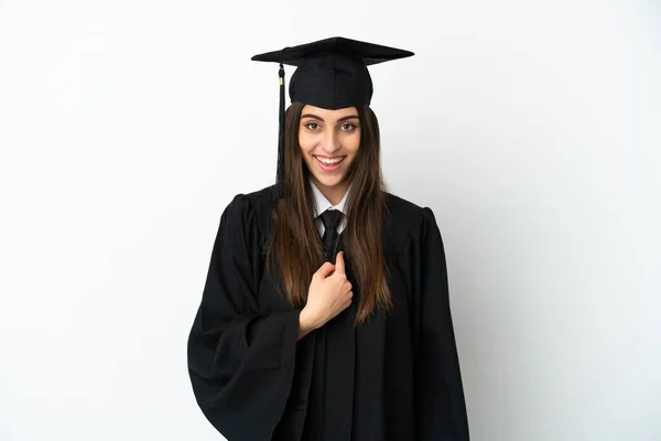 Graduado Universitario Joven Aislado Sobre Fondo Blanco Con Expresión Facial —  Fotos de Stock