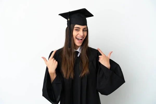 Νεαρός Απόφοιτος Πανεπιστημίου Απομονωμένος Λευκό Φόντο Δίνοντας Μια Χειρονομία Αντίχειρας — Φωτογραφία Αρχείου