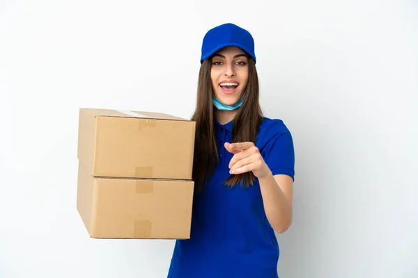 Delivery Caucasian Woman Isolated White Background Surprised Pointing Front — Stockfoto
