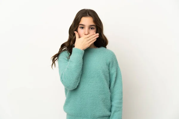 Little Caucasian Girl Isolated White Background Covering Mouth Hand — Stock Photo, Image