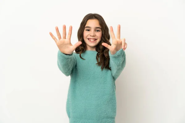 Little Caucasian Girl Isolated White Background Counting Eight Fingers — Stockfoto