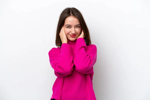 Jeune Femme Ukrainienne Isolée Sur Fond Blanc Frustrée Couvrant Les — Photo