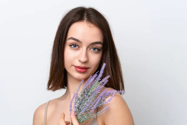 Young Ukrainian Woman Isolated White Background Holding Lavender Plant Close — стоковое фото