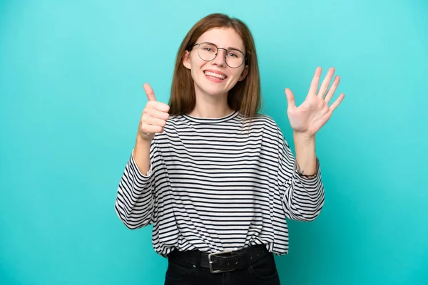 Young English Woman Isolated Blue Background Counting Six Fingers — 图库照片