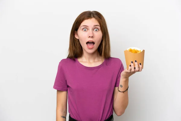 Young English Woman Holding Fried Chips Isolated White Background Surprise — Foto Stock