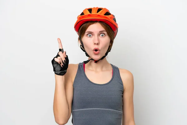 Young Cyclist English Woman Isolated White Background Intending Realizes Solution — стоковое фото