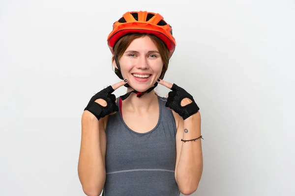 Young Cyclist English Woman Isolated White Background Giving Thumbs Gesture — Stok fotoğraf