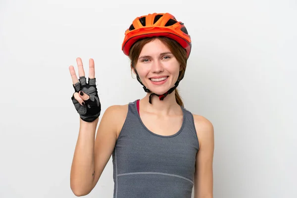 Młoda Rowerzystka Angielska Kobieta Odizolowana Białym Tle Szczęśliwa Licząca Trzy — Zdjęcie stockowe