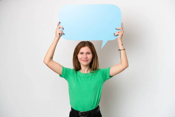 Young English Woman Isolated White Background Holding Empty Speech Bubble — Fotografia de Stock