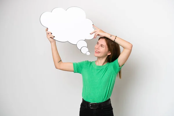 Young English Woman Isolated White Background Holding Thinking Speech Bubble — Stock Photo, Image