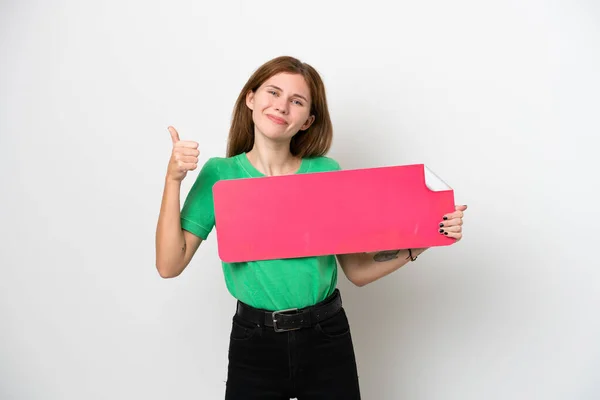 Young English Woman Isolated White Background Holding Empty Placard Thumb — Foto Stock