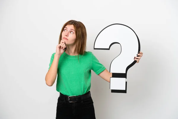 Young English Woman Isolated White Background Holding Question Mark Icon — Stock Photo, Image