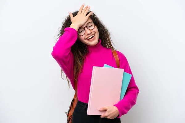 Jovem Estudante Árabe Mulher Isolada Fundo Branco Percebeu Algo Pretendendo — Fotografia de Stock