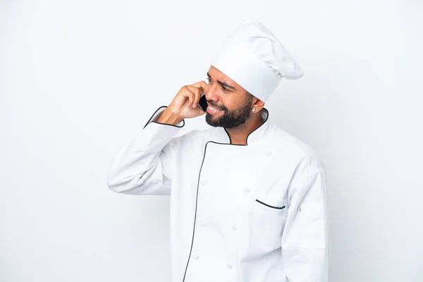 Jovem Chef Brasileiro Isolado Fundo Branco Mantendo Uma Conversa Com — Fotografia de Stock