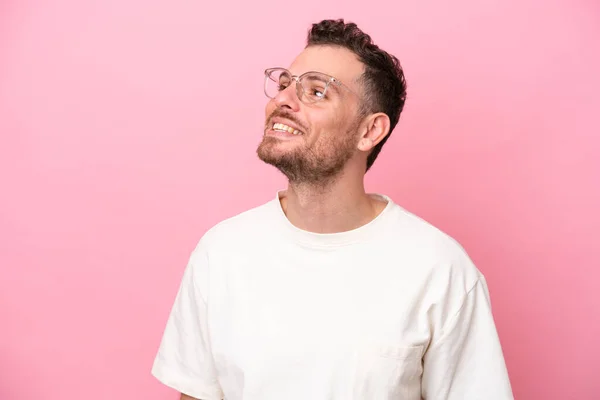 Young Brazilian Man Isolated Pink Background Glasses Happy Expression — Stock Photo, Image