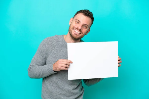 Young Brazilian Man Holding Empty Placard Isolated Blue Background Holding — Stock Photo, Image