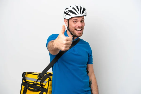 Young Brazilian Man Thermal Backpack Isolated White Background Thumbs Because — ストック写真