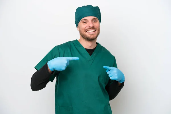 Surgeon Brazilian Man Green Uniform Isolated White Background Proud Self — Φωτογραφία Αρχείου