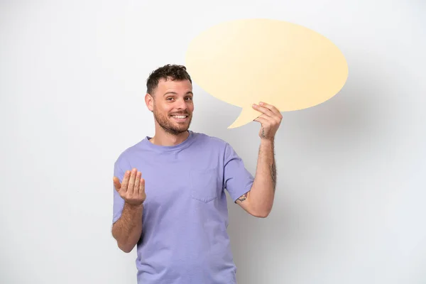 Young Brazilian Man Isolated White Background Holding Empty Speech Bubble — Fotografia de Stock